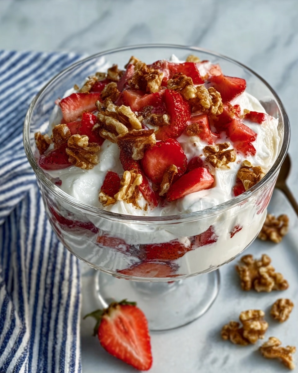 A clear glass bowl filled with a dessert that has three main layers: the bottom layer is a mix of small brown walnut pieces, the middle layer is fluffy and white whipped cream, and the top layer is a generous amount of halved red strawberries and more walnut pieces scattered unevenly. The strawberries have visible seeds and a fresh shine. The bowl sits on a white marbled surface with a blue and white striped cloth partially under it, and a woman's hand is reaching from the right side holding a spoon. Photo taken with an iphone --ar 4:5 --v 7