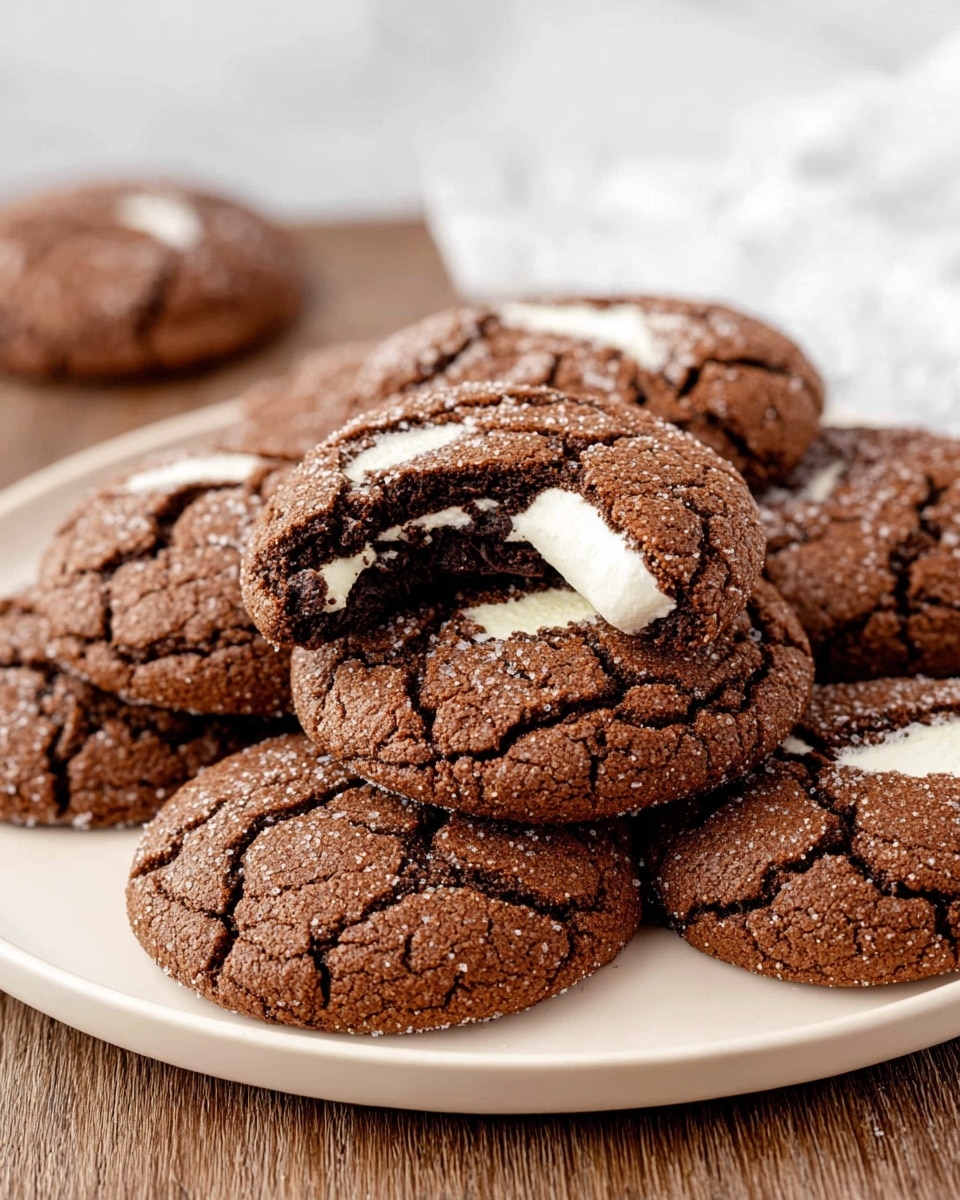A white plate is filled with seven large chocolate cookies that have a cracked surface revealing a white creamy layer inside each cookie. The cookies are dark brown with a rough texture, and the white cream shows through breaks in the cookie layers, giving a contrast of dark and light. The plate sits on a wooden surface with a few blurred white marshmallows in the background, all on a white marbled texture. photo taken with an iphone --ar 4:5 --v 7
