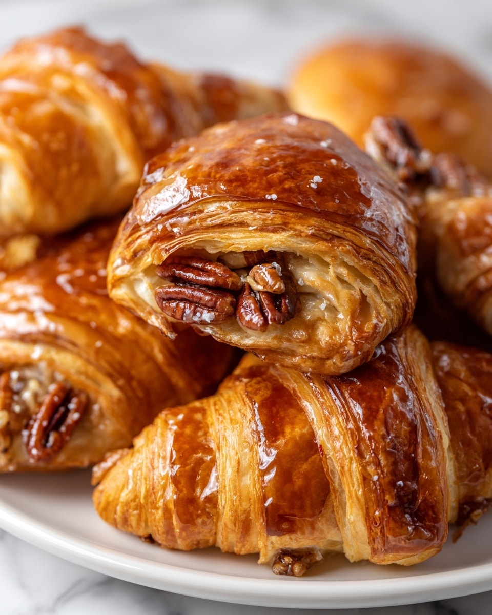 A close-up shot of several golden brown croissants arranged closely on a white plate, each croissant showing multiple crisp, flaky layers with a shiny, glazed surface on top. The front croissant reveals a filling made of sticky, glossy chopped nuts and whole pecans, which are dark brown and shiny, nestled inside the croissant’s opening. The background shows more of the same croissants slightly blurred, emphasizing the texture and glossy finish of the pastry and nuts. The scene is set on a white marbled texture, highlighting the warm tones of the croissants. photo taken with an iphone --ar 4:5 --v 7