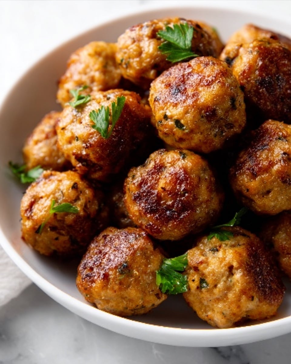 The image shows a white bowl filled with many small, round golden-brown meatballs. Each meatball has a slightly crispy surface with small bits of herbs and spices visible inside, giving them a textured look. The meatballs are tightly packed, and a few green parsley leaves are scattered on top, adding a touch of fresh color. The bowl is placed on a white marbled surface. The light highlights the crispy edges and the herb details on the meatballs, making them look fresh and tasty. Photo taken with an iphone --ar 4:5 --v 7