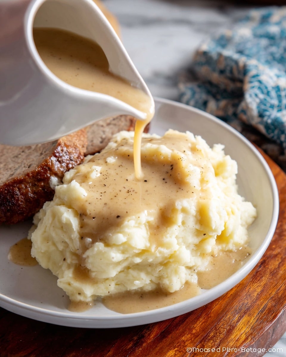 A white ceramic gravy boat filled with a smooth, light brown gravy that has small visible bits of herbs and spices throughout. The gravy surface looks thick and glossy, resting inside the boat with a narrow spout for pouring. The boat sits on a wooden board with some fresh green sprigs of thyme beside it, all placed on a white marbled textured surface with a soft, out-of-focus blue and white cloth in the background. photo taken with an iphone --ar 4:5 --v 7