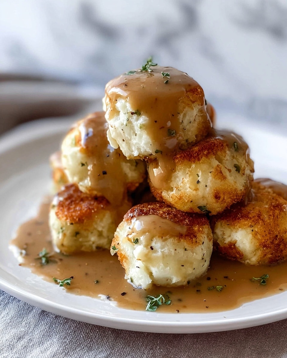 The image shows six round mashed potato balls, some browned on the outside with a slightly crispy texture, and others soft with visible green herb flecks mixed in. Three of the balls are topped with a thick, smooth brown gravy that glistens under light, pooling slightly at the base of each ball on a long white dish. In the background, there is a small white rectangular bowl filled with reddish-brown sauce. The setup is on a white marbled texture surface. photo taken with an iphone --ar 4:5 --v 7