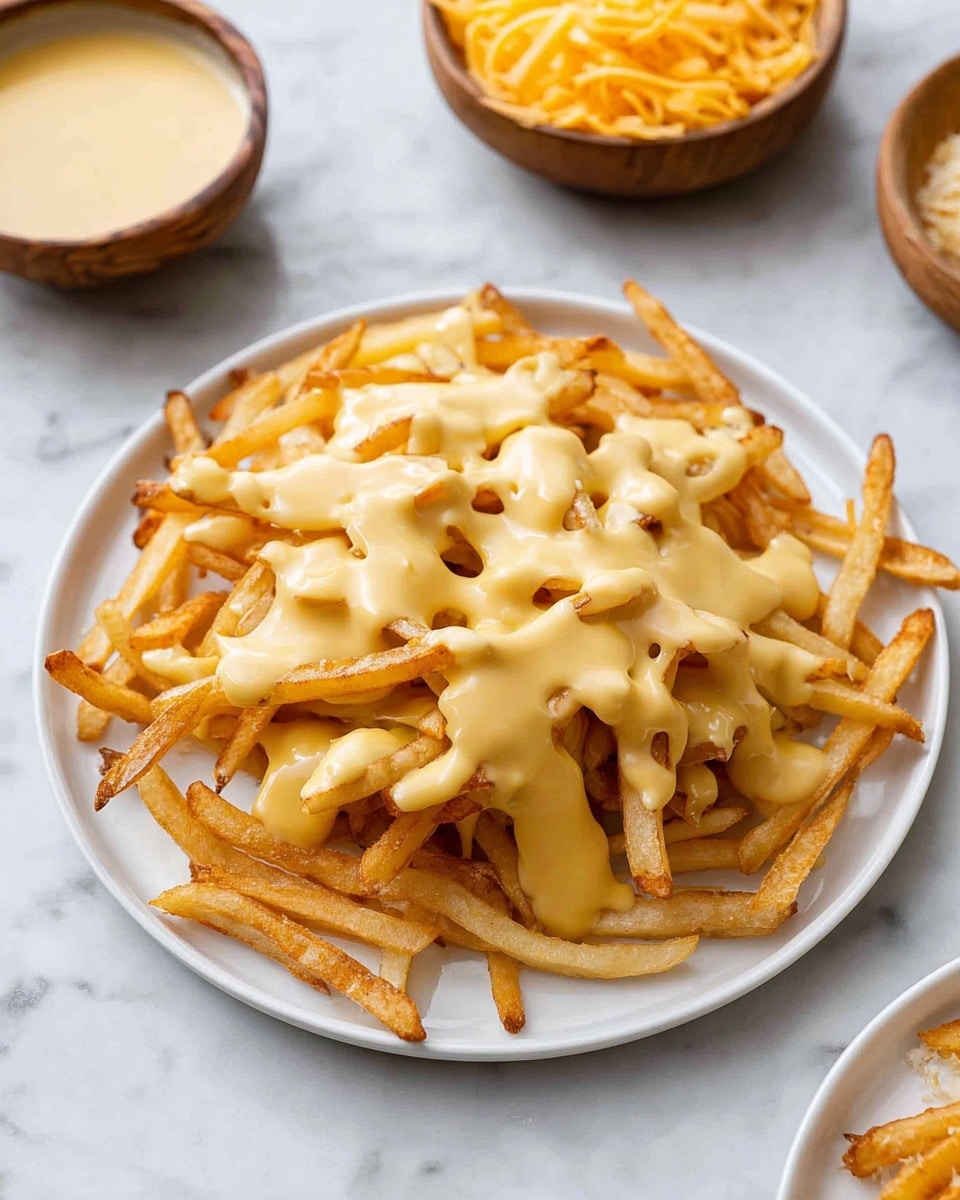 A white plate filled with crispy, golden-brown thin French fries layered as the base, topped with a smooth, creamy light yellow cheese sauce drizzled unevenly over the fries, creating a rich, glossy texture on top. The plate sits on a white marbled surface, with parts of the fries peeking through the sauce showing their crunchy, slightly rough texture. In the background, there are wooden bowls with shredded yellow cheese and a pale sauce, adding natural warm tones to the scene. Photo taken with an iphone --ar 4:5 --v 7