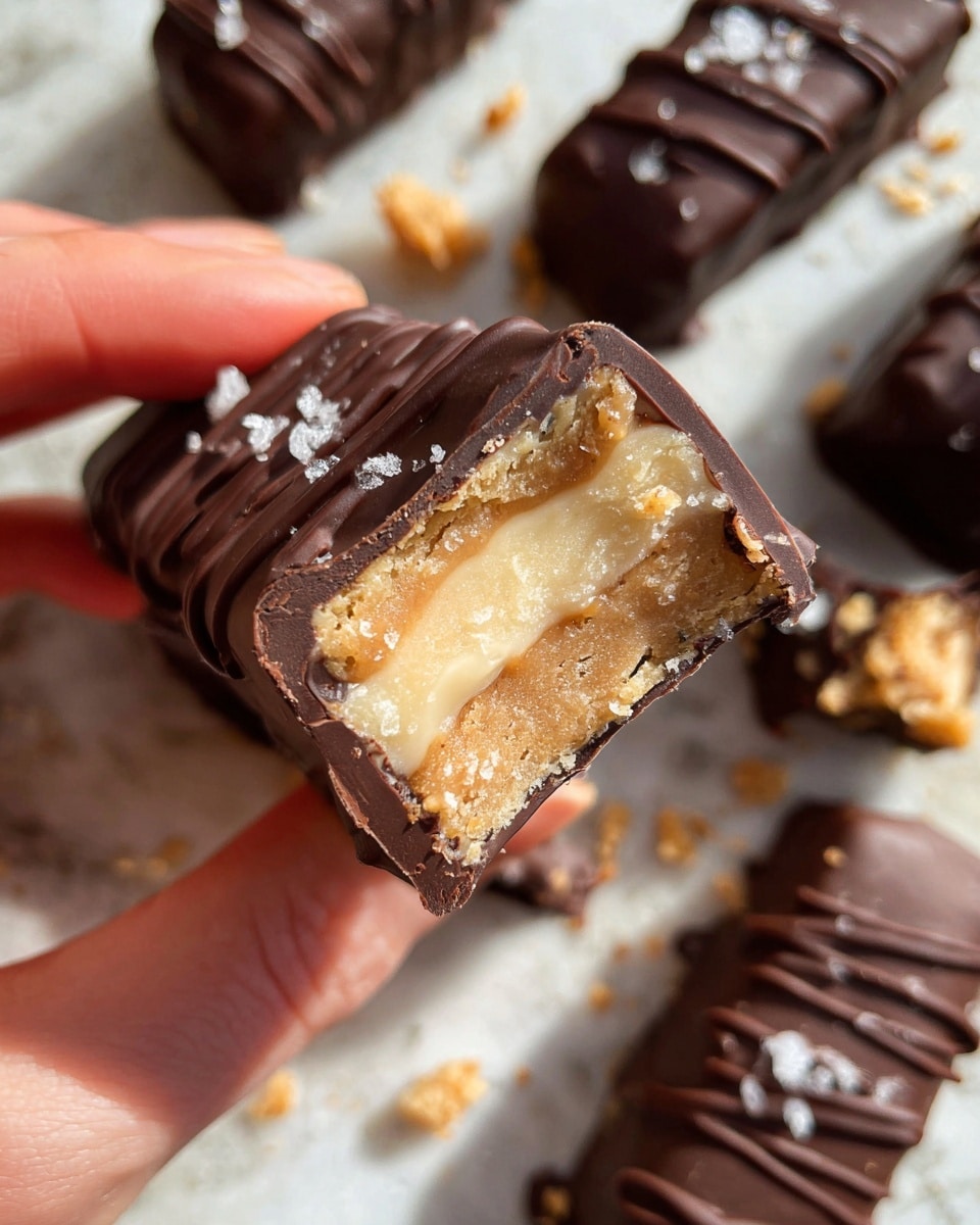 A close-up of a dark chocolate-covered candy bar held by a woman's hand, showing the inside layers with a smooth light brown base layer, a crumbly tan middle layer, and a creamy off-white top layer with a filler visible; the candy bar is coated in dark glossy chocolate with thin dark chocolate drizzle on top and sprinkled with flaky salt. In the background, there are more similar chocolate bars on a white marbled surface, some broken and with crumbs scattered around. Photo taken with an iphone --ar 4:5 --v 7