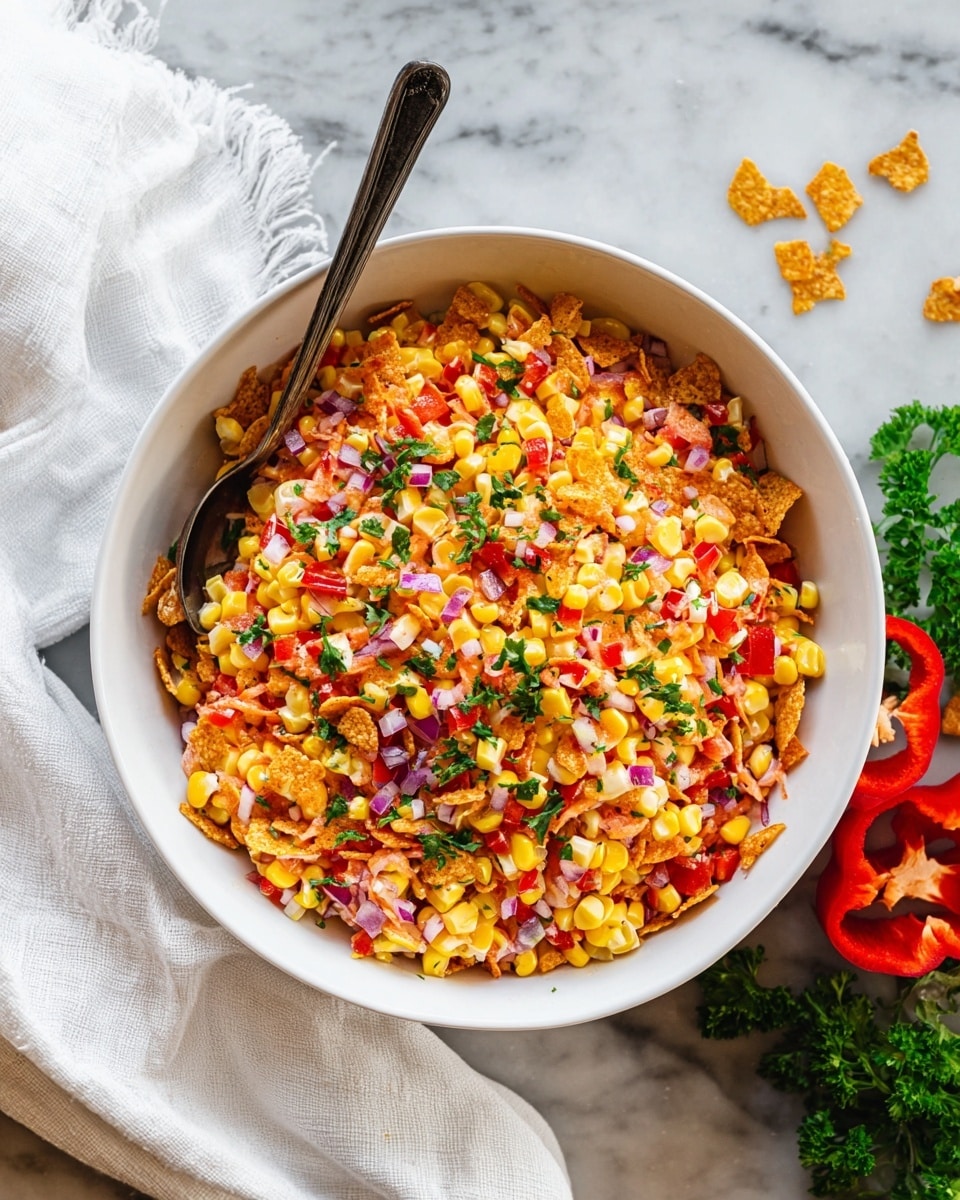 A white bowl filled with a colorful salad made of three main layers: small yellow corn kernels evenly mixed throughout, finely chopped red bell pepper pieces adding bright red hues, and thin shreds of pale orange carrot layered throughout. There are small bits of light purple onion scattered across the top, along with crunchy-looking golden brown corn chip pieces mixed in. Fresh green parsley leaves are sprinkled as garnish on top. A metal spoon with a dark handle rests inside the bowl. The bowl is placed on a white marbled surface with a white cloth draped to the right side, and some red bell pepper halves and parsley sprigs nearby. photo taken with an iphone --ar 4:5 --v 7