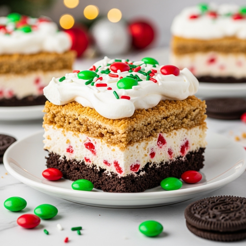A square piece of layered dessert sits on a white plate placed on a white marbled surface. The dessert has five visible layers: the bottom layer is dark brown and crumbly, resembling crushed cookies; above it is a creamy white layer with small bits of red candy mixed in; the middle layer is thick and golden brown with a crumbly texture; on top of that is a thick white whipped cream layer, generously spread. The top is decorated with small red and green round candies and red, green, and white sprinkles scattered across the whipped cream. Around the plate are some green and red round candies and a chocolate sandwich cookie. In the soft background, blurred holiday decorations give a warm, festive feeling. photo taken with an iphone --ar 4:5 --v 7
