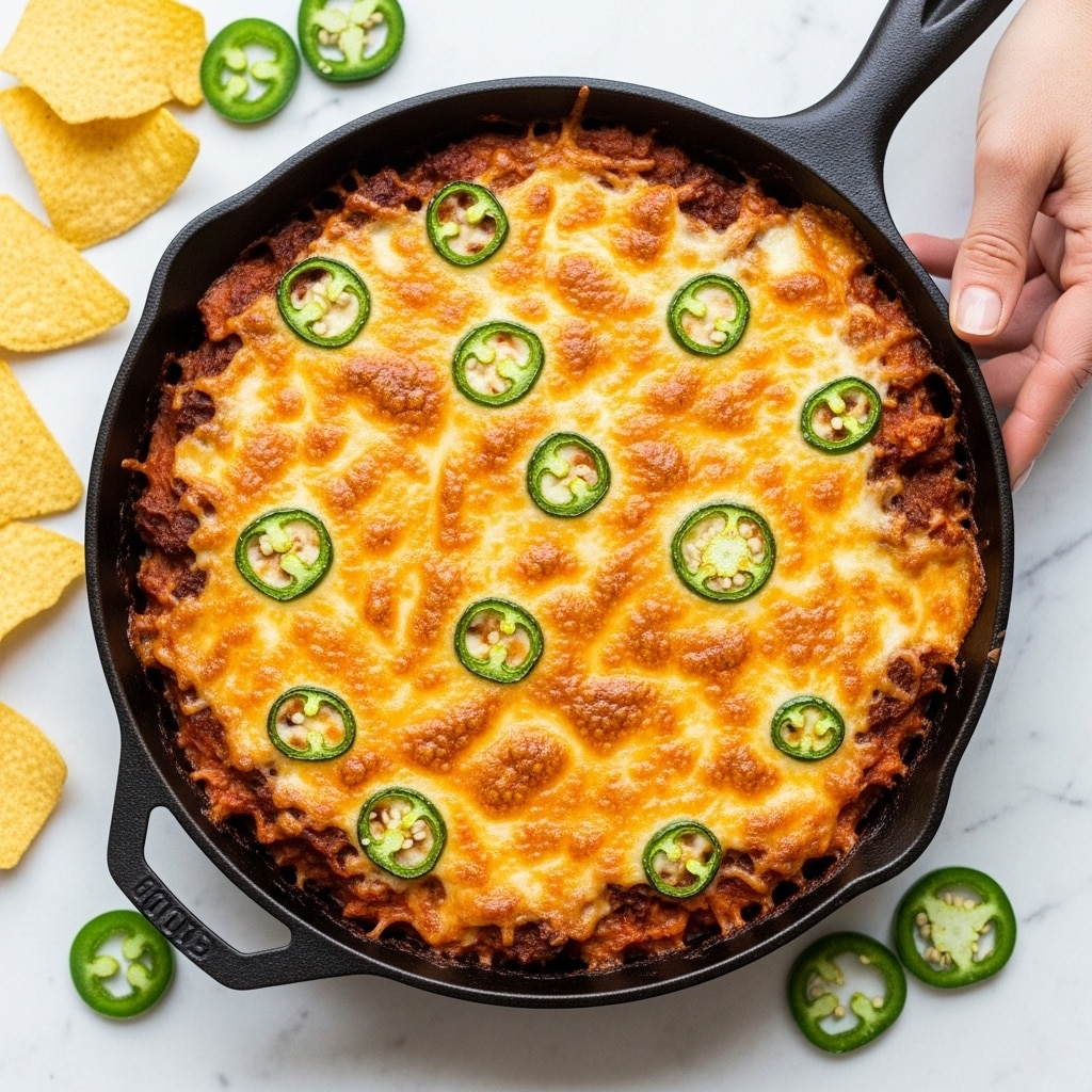 This image shows a round black cast iron skillet filled with a baked dish that has a golden-brown melted cheese layer on top, dotted with thin green jalapeño slices. The cheese looks slightly crispy around the edges, covering what appears to be a spicy, chunky base underneath. The skillet rests on a white marbled surface, with a few yellow tortilla chips and more sliced jalapeños scattered around it. A woman's hand is slightly visible near the skillet, reaching toward it. photo taken with an iphone --ar 4:5 --v 7