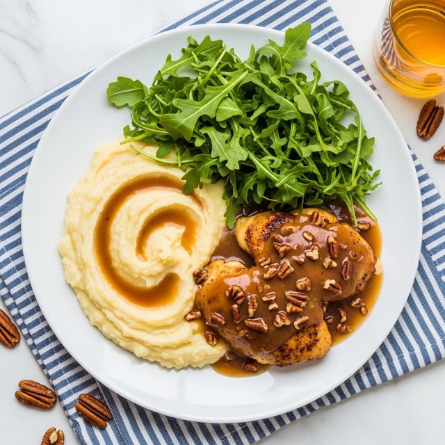 A white plate holds three parts of food: a generous pile of bright green leafy arugula on the top right side, smooth and creamy pale yellow mashed potatoes spread across the bottom half, and on top of the mashed potatoes two pieces of golden brown chicken covered with a thick, glossy brown gravy sprinkled with chopped pecans. The plate is placed on a blue and white striped cloth with some pecans scattered nearby and a glass of golden liquid in the top right corner, all set on a white marbled surface. photo taken with an iphone --ar 4:5 --v 7