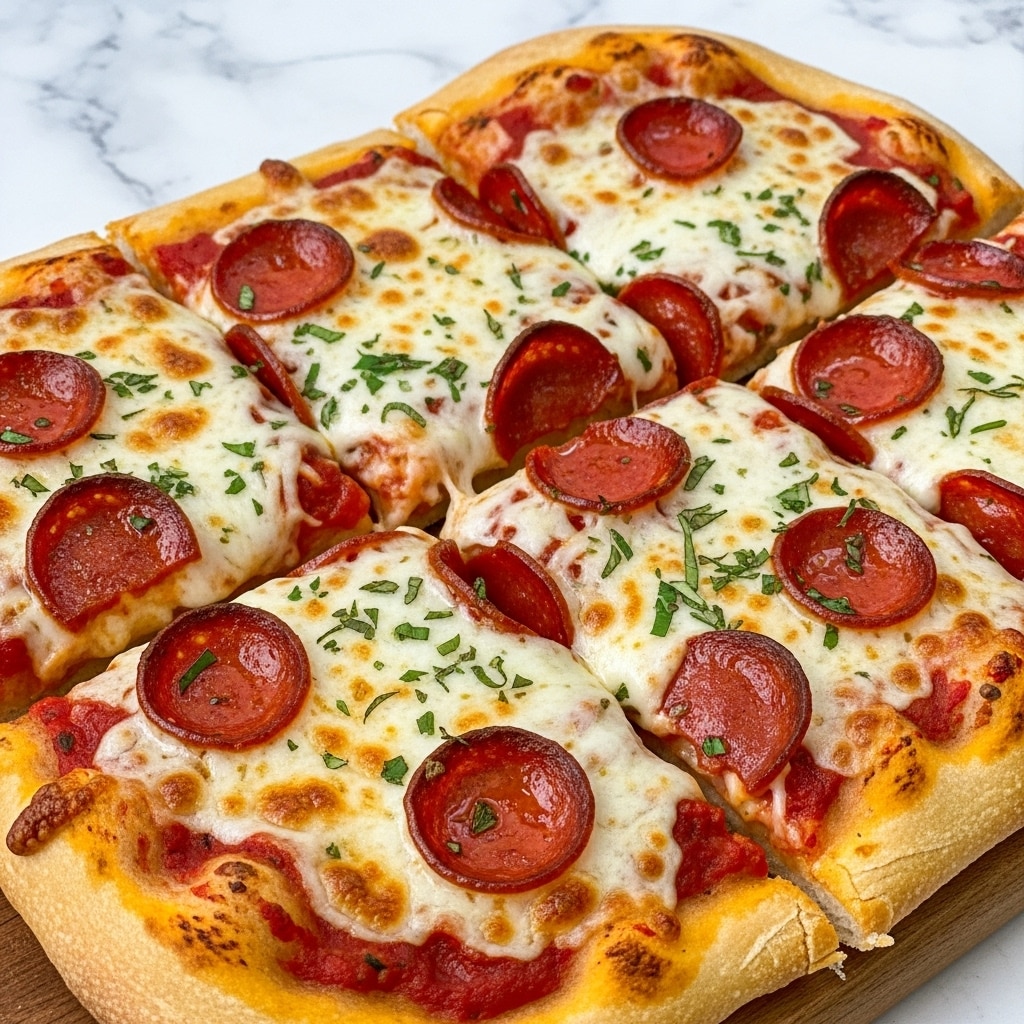 A rectangular pepperoni pizza cut into six long slices shows a golden brown, thick crust with a slightly crisp edge. The first layer is a rich red tomato sauce spread evenly across the dough, followed by a thick layer of melted white mozzarella cheese that is bubbly and browned in spots. Small round slices of reddish-brown pepperoni are scattered evenly on top, slightly curled at the edges from cooking. Green herbs are sprinkled over the pizza, adding a fresh touch. The pizza rests on a wooden surface, but the background is changed to a white marbled texture. Photo taken with an iphone --ar 4:5 --v 7