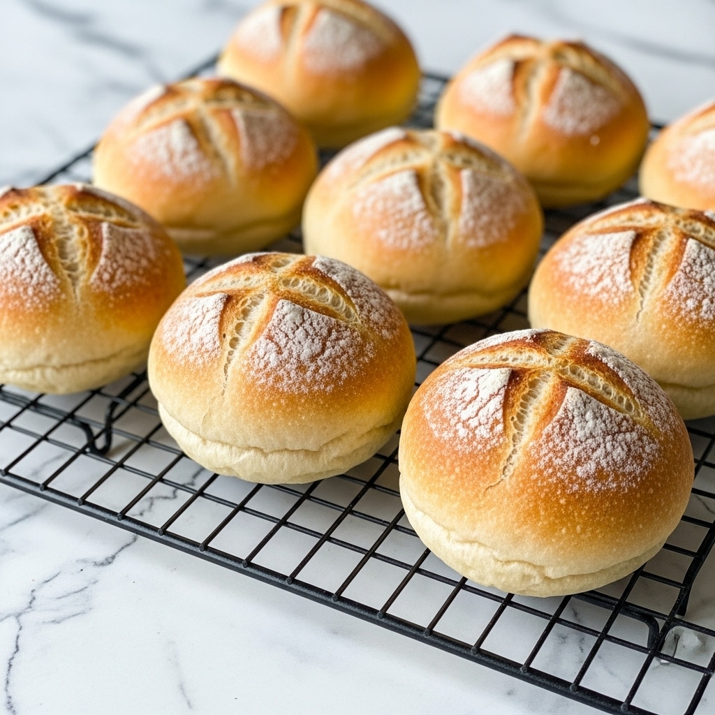 The image shows seven small, round bread rolls placed on a black cooling rack, which is set on a white marbled textured surface. Each bread roll has a golden-brown crust with a slightly rough texture and small cracks on the top, showing a light dusting of flour. The rolls have a soft, puffy shape with a smooth base, and their colors vary from light tan to a deeper golden shade, indicating they are freshly baked. The background is softly blurred. Photo taken with an iphone --ar 4:5 --v 7