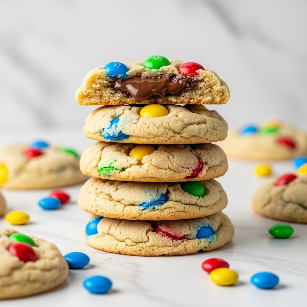 A stack of five soft, chewy cookies sits on a white marbled surface. The cookies are pale beige with a slightly crinkled texture. The top cookie is broken in half, showing a gooey chocolate center and colorful candy-coated pieces in blue, green, yellow, and red scattered throughout the cookie dough. Additional candy pieces surround the stack, adding bright, scattered pops of color. The background is softly blurred with a white marbled texture. photo taken with an iphone --ar 4:5 --v 7