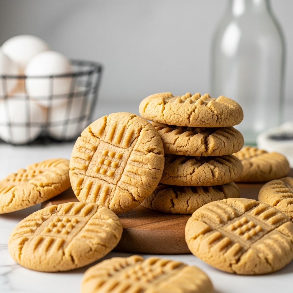 A stack of five light brown peanut butter cookies with a crisscross fork pattern on top sits on a wooden board, surrounded by more cookies lying flat. The cookies have a slightly cracked texture and a soft, crumbly look. In the blurred background, there are white eggs in a basket and a glass bottle, all resting on a white marbled surface. photo taken with an iphone --ar 4:5 --v 7