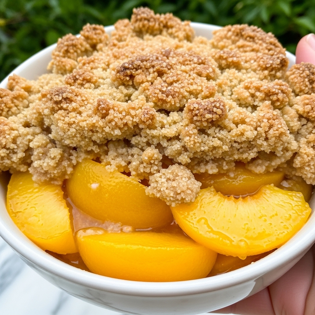 A close-up view of a peach crumble in a white bowl, showing two main layers: the bottom layer is made of bright yellow peach slices with a glossy, juicy texture, and the top layer is a thick, crumbly golden-brown crust sprinkled with sugar, which looks crunchy and slightly uneven. The white bowl is held by a woman's hand, and the background has a soft, green, out-of-focus natural scene with a white marbled texture surface visible at the bottom. Photo taken with an iphone --ar 4:5 --v 7
