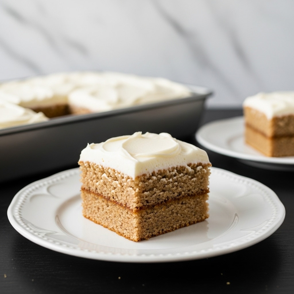 A single square piece of cake sits centered on a white plate with a slightly raised edge and delicate texture. The cake has two visible layers: the bottom thick layer is moist and spongy with a light brown color, showing small crumb details, and the top layer is a smooth, creamy white frosting spread evenly with slight swirls. In the blurred background, a larger rectangular pan filled with more cake topped with white frosting is partially visible, along with another white plate holding a similar square piece of cake. The whole scene is set on a dark table surface against a white marbled texture backdrop. Photo taken with an iphone --ar 4:5 --v 7