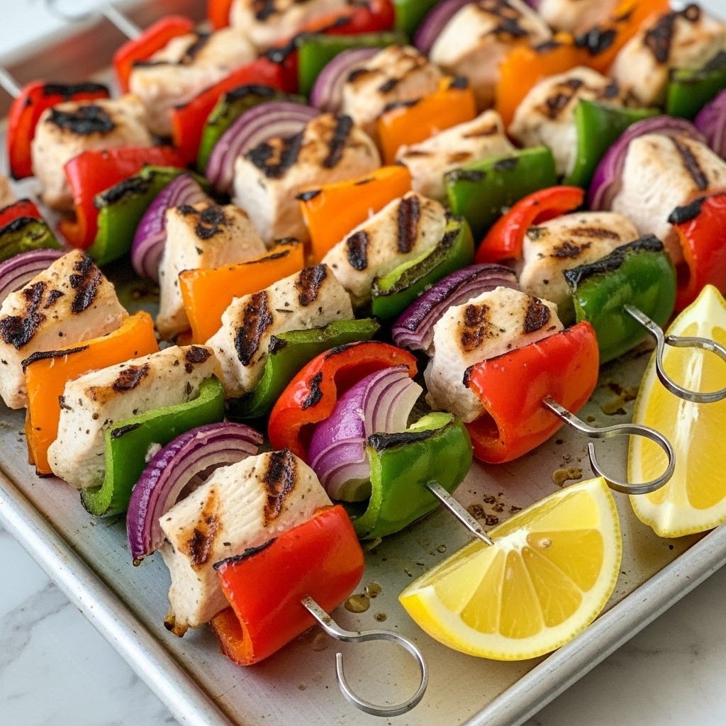 The image shows several skewers holding layers of grilled chicken pieces and colorful vegetables, arranged closely together on a baking tray. Each skewer has multiple layers starting with a piece of grilled chicken that is white with slight brown grill marks, followed by a bright orange bell pepper slice, then a red bell pepper slice, a green bell pepper piece, and a ring of purple red onion. The chicken looks juicy with charred edges, and the vegetables have a mix of bright and slightly charred colors. Two lemon wedges with a light yellow color sit at the front right corner of the tray on a white marbled surface. photo taken with an iphone --ar 4:5 --v 7