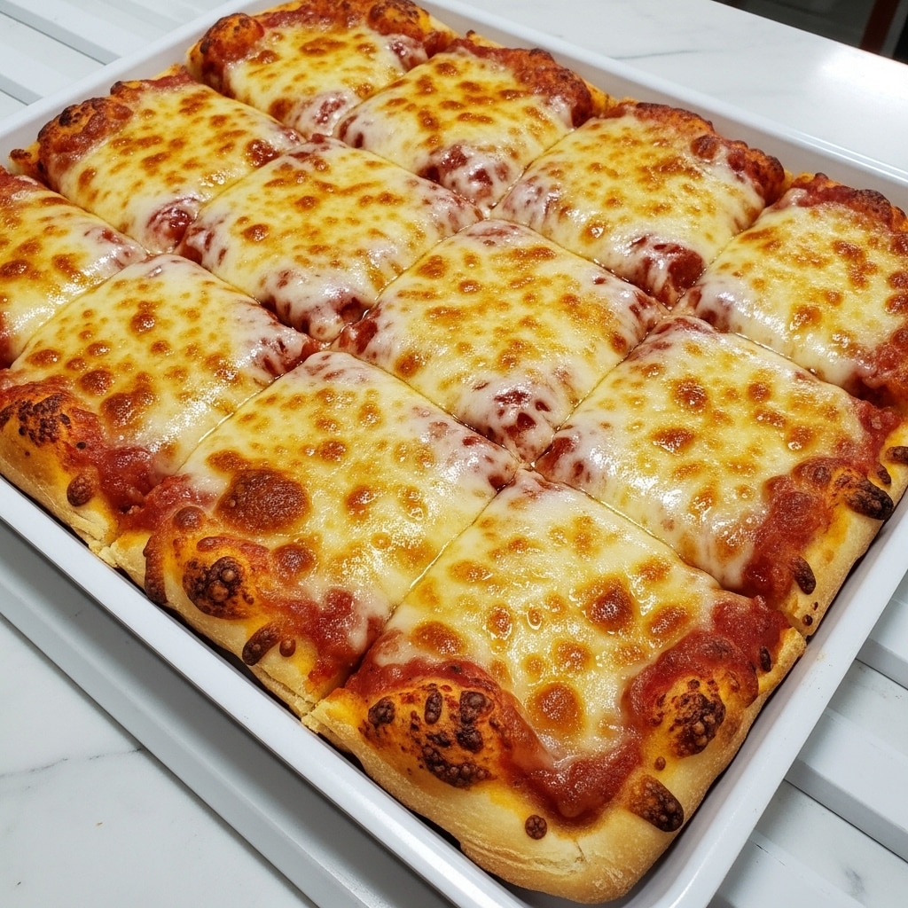 The image shows a baked cheesy pizza cut into 12 square pieces arranged closely in a white metal tray with ridges at the bottom. Each pizza square has a golden-brown melted cheese layer on top, with some spots showing slight browning and bubbles, giving a slightly crispy texture. Under the cheese, there is a thin layer of tomato sauce visible around the edges of some pieces, with the dough underneath being thick and fluffy, slightly golden brown at the crust edges. The tray rests on a white marbled surface. photo taken with an iphone --ar 4:5 --v 7
