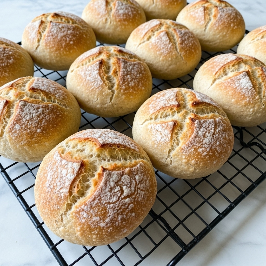 The image shows a close-up of eight golden-brown round bread rolls cooling on a black metal rack. Each roll has a slightly cracked surface with a mix of light tan and deeper brown shades. The texture looks soft but crusty, with small flour patches visible. The rolls are arranged in two rows on the rack, which sits on a white marbled surface. The lighting highlights the warm tones and crumbly details of the bread photo taken with an iphone --ar 4:5 --v 7