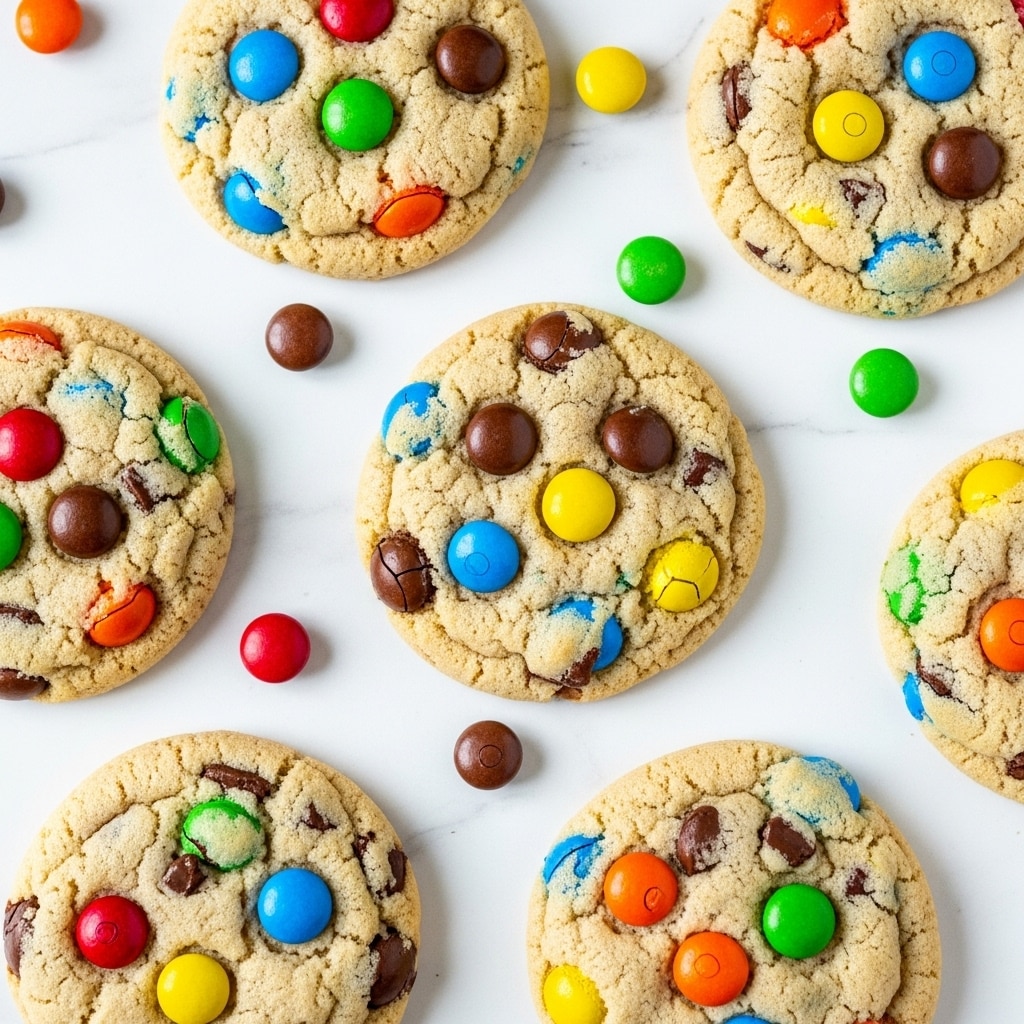 A close-up view of several round cookies spread out on a white marbled surface. Each cookie is soft and golden with a slightly cracked texture, embedded with colorful candy-coated chocolate pieces in red, blue, yellow, green, orange, and brown. The candies are scattered unevenly on the top of each cookie, adding bright spots of color. The cookies appear light and chewy, with some chocolate bits visible inside the dough. Around the cookies, a few loose candy pieces are scattered randomly on the surface, enhancing the playful look of the arrangement. photo taken with an iphone --ar 4:5 --v 7