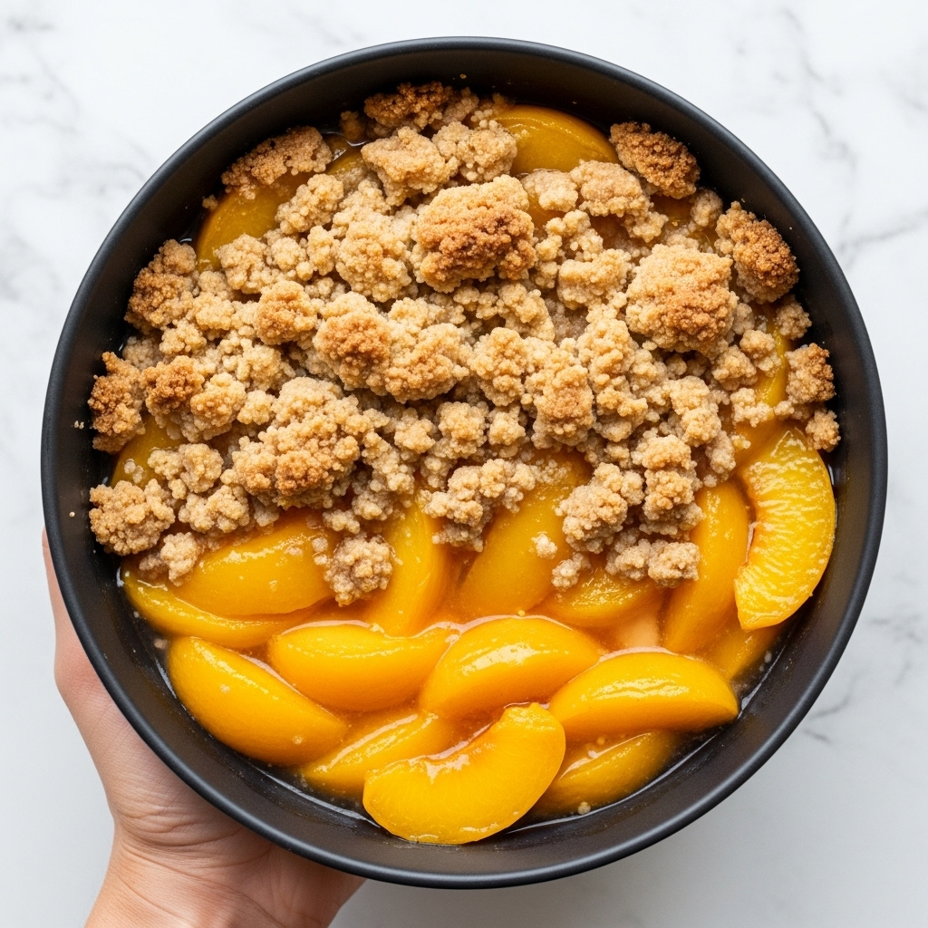 A round black bowl filled with a peach cobbler showing two clear layers: the bottom layer has bright yellow peach slices with glossy juice, and the top layer is a golden-brown crumbly crust with a coarse texture, unevenly spread over the peaches. The bowl is held by a woman's hand, and the background is a white marbled texture. photo taken with an iphone --ar 4:5 --v 7
