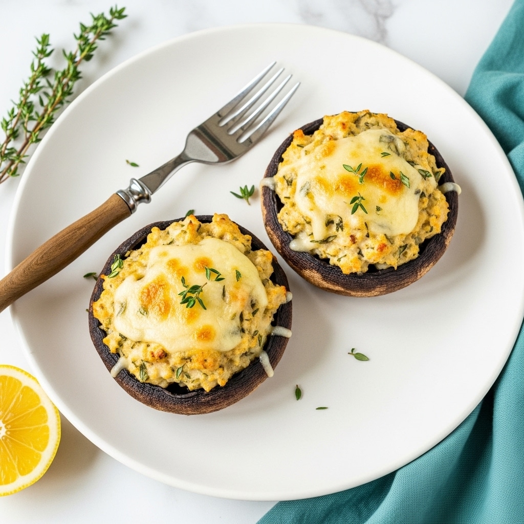 Two stuffed mushrooms sit on a white plate over a white marbled surface, each filled with a creamy mixture that has shredded white pieces and dark bits of mushroom, golden-baked on top with a slightly crispy texture. The mushrooms are dark brown and serve as a base for the thick, well-packed stuffing. Around the mushrooms are three lemon wedges, bright yellow with a juicy texture, and a small green herb sprig placed near the upper left. The photo is taken close-up, showing details of the stuffed filling and the soft shine on the lemons. Photo taken with an iphone --ar 4:5 --v 7
