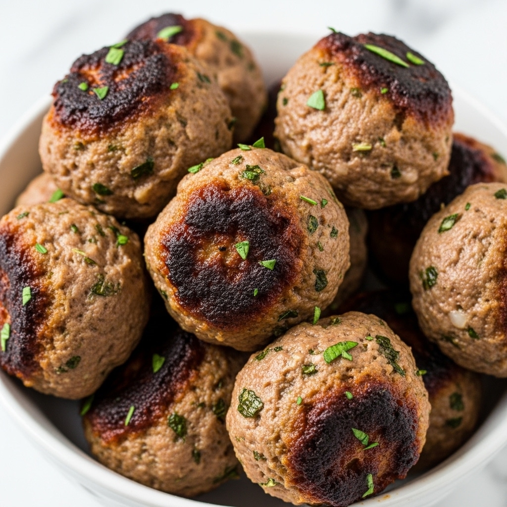 The image shows a close-up view of several cooked meatballs in a white bowl, each meatball having a rough, slightly browned texture with bits of herbs visible on the surface. The meatballs are medium brown with some darker charred spots, and small green herb pieces are sprinkled on top. The bowl is filled with many meatballs, and they have a compact, round shape. The background is a white marbled texture. photo taken with an iphone --ar 4:5 --v 7