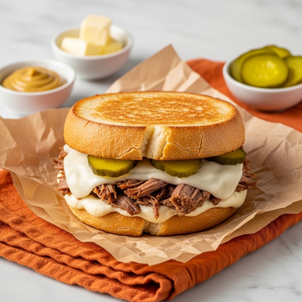 A sandwich is shown on crinkled brown paper resting on an orange cloth, all placed on a white marbled surface. The sandwich has one thick, golden-brown toasted bread layer on top with a slightly cracked crust. Inside, there is a layer of melted white cheese that appears soft and slightly stretched, under which lie pieces of shredded brown meat mixed with green pickle slices. The sandwich looks warm and slightly pressed together. Around it are small white bowls containing pale butter, brown mustard, and sliced pickles. The photo taken with an iphone --ar 4:5 --v 7