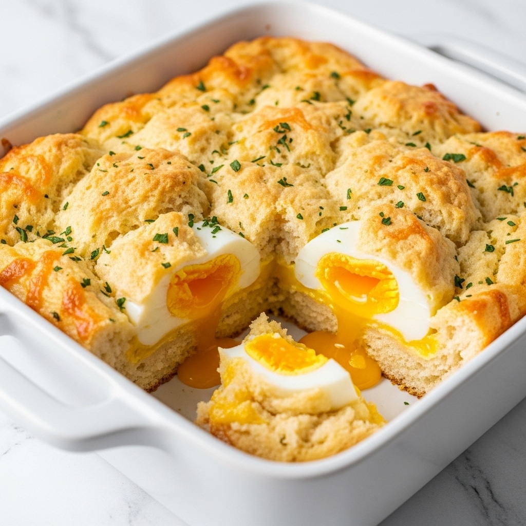 A close-up view of a white deep square baking dish holding a golden brown baked dish with a soft, fluffy texture on top, sprinkled with green herbs. The dish has been cut open to reveal two layers: a top and bottom layer of light, airy bread or biscuit with a slightly crispy crust, and a middle layer containing melted cheese and two soft cooked eggs with bright yellow yolks and white edges. A small piece of the dish with oozing melted cheese and egg rests on the dish near the cut-out section. The background is a white marbled texture. photo taken with an iphone --ar 4:5 --v 7