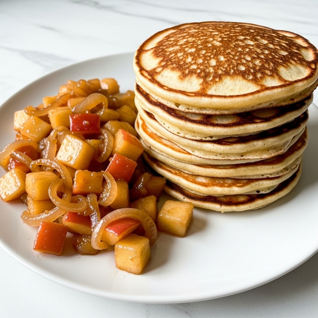 A stack of seven golden brown pancakes with a slightly uneven, crispy texture on top sits on the right side of a white plate, each pancake showing subtle brown spots and fluffy edges. To the left of the pancakes is a heap of diced cooked apples mixed with softened onions, all coated in a glossy sauce giving a shiny, caramelized look with warm caramel and red tones from the apple skins. The plate rests on a white marbled texture surface, with natural light softly illuminating the food to highlight its warm, inviting colors. photo taken with an iphone --ar 4:5 --v 7