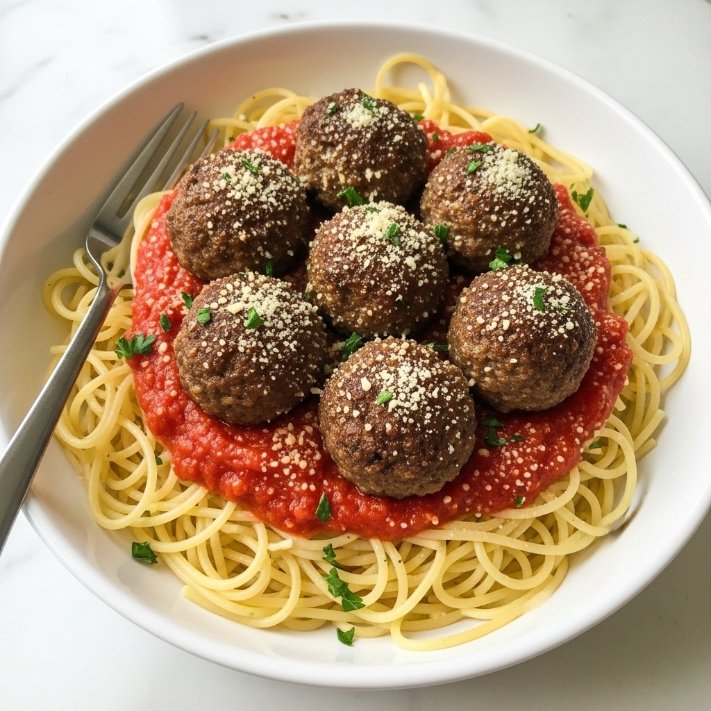 A white bowl filled with a base layer of thin yellow spaghetti noodles arranged loosely, topped with a bright red tomato sauce that has a slightly chunky texture. On top of the sauce, there are six brown meatballs with a slightly crispy exterior, each sprinkled with light brown grated cheese and small green parsley pieces scattered around. To the left side of the bowl, a silver fork is partially visible resting on the edge. The bowl sits on a white marbled surface with soft natural light. photo taken with an iphone --ar 4:5 --v 7
