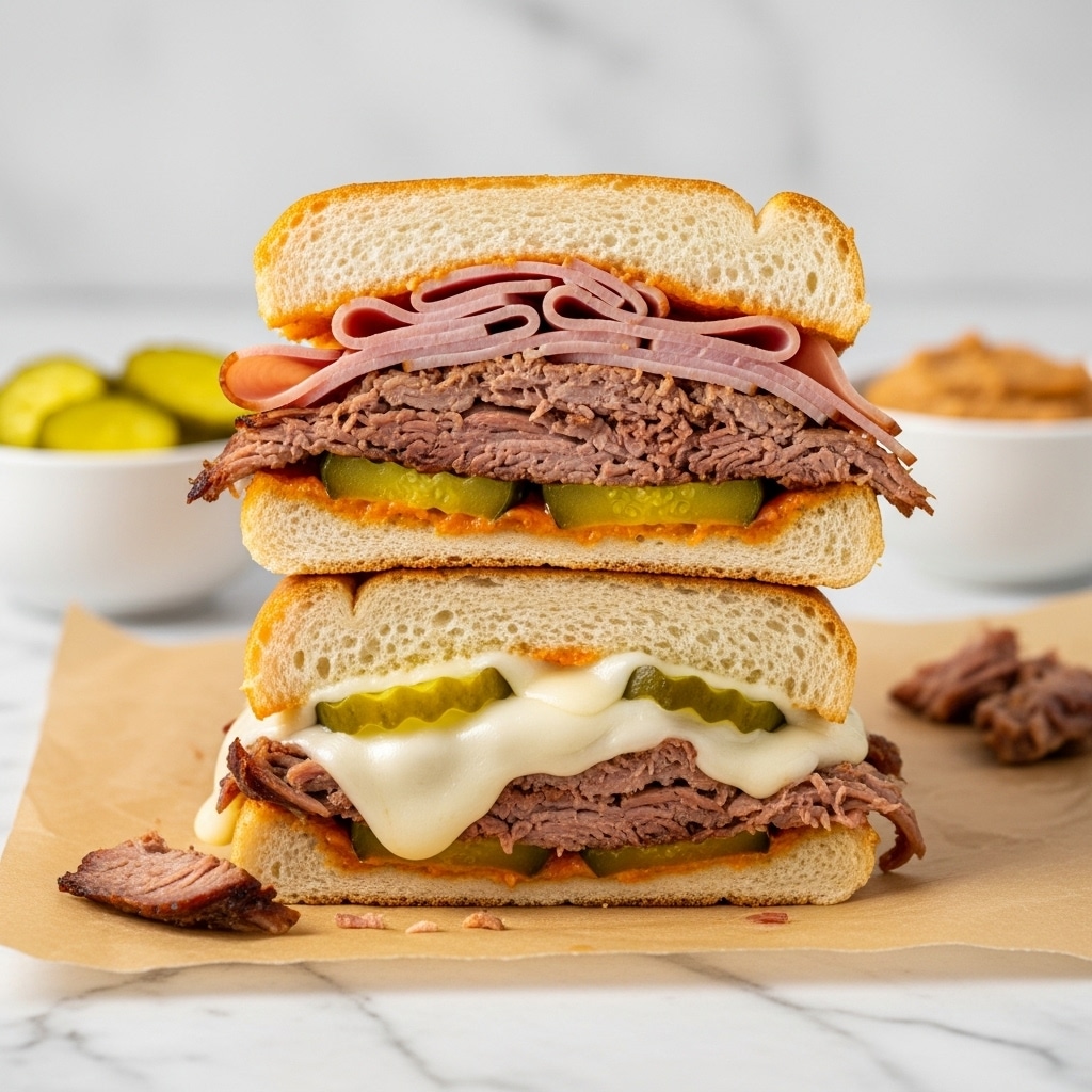 The image shows a sandwich cut in half and stacked, placed on brown parchment paper over a white marbled surface. The sandwich has two main layers: the top half reveals a thick, pulled meat layer in the middle, with light pink slices of ham above it and yellow-green pickle slices at the bottom, all inside a golden toasted bread. The bottom half has melted white cheese oozing over a layer of shredded meat with some pickles inside thick white bread. Some small pieces of meat are scattered near the sandwich. In the blurred background, there is a white bowl with sliced pickles and another white bowl with a brown dip or spread. Photo taken with an iphone --ar 4:5 --v 7