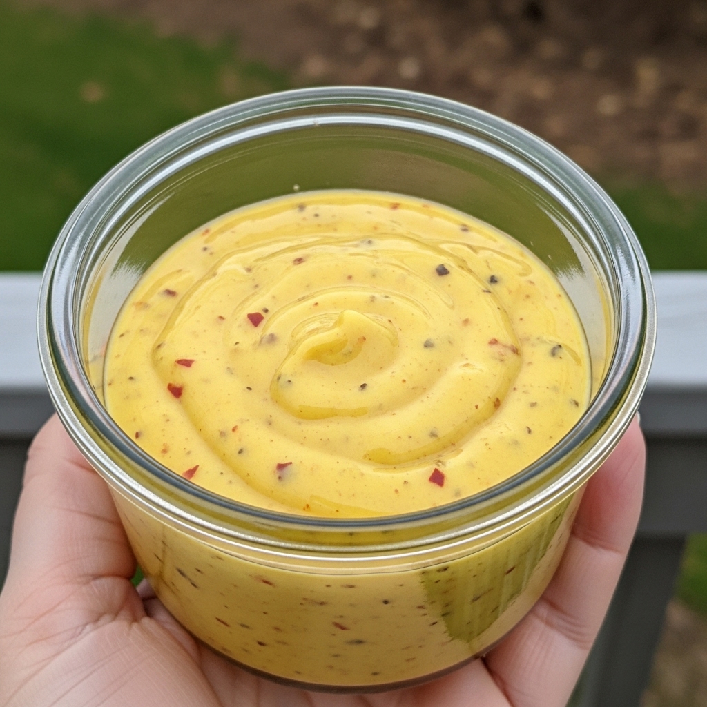 The image shows a small clear glass jar filled with a thick yellow mustard-like sauce with visible red chili flakes mixed throughout, giving it a textured look. The jar is held by a woman's hand from the bottom and side, with the focus on the sauce inside the jar. The background is blurred, showing some green and brown colors, but the main focus remains on the jar and its spicy, grainy content. photo taken with an iphone --ar 4:5 --v 7
