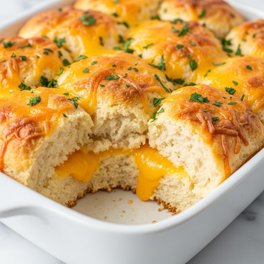 The image shows a close-up of a white ceramic dish filled with biscuit-like bread topped with melted cheddar cheese and sprinkled with finely chopped green herbs. The bread is golden brown on top with a slightly crumbly texture, and a piece is missing from the front, revealing the inside layers where melted yellow cheese is oozing out between the soft, light beige bread layers. The dish is set on a white marbled surface, and the overall look is warm and appetizing. photo taken with an iphone --ar 4:5 --v 7