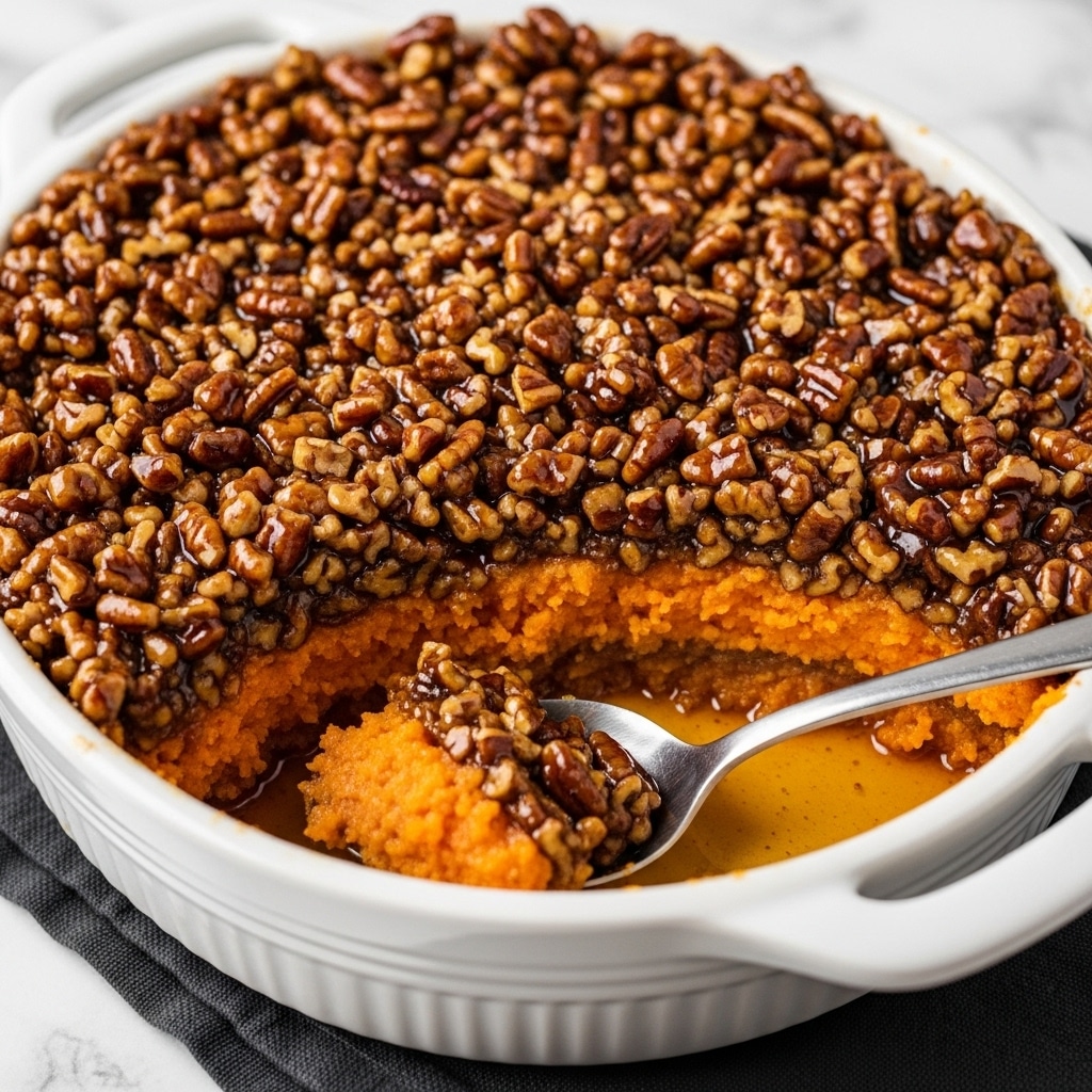 A white ceramic dish holds a three-layer dessert with a crunchy top layer made of chopped, glossy pecans in a sticky brown syrup. Below this, a slightly rough orange layer of cooked sweet potato can be seen, contrasting with the nut topping. The bottom of the dish has a shiny layer of syrup collecting around a metal spoon scooping out a portion. The dish sits on a dark cloth over a white marbled surface. photo taken with an iphone --ar 4:5 --v 7