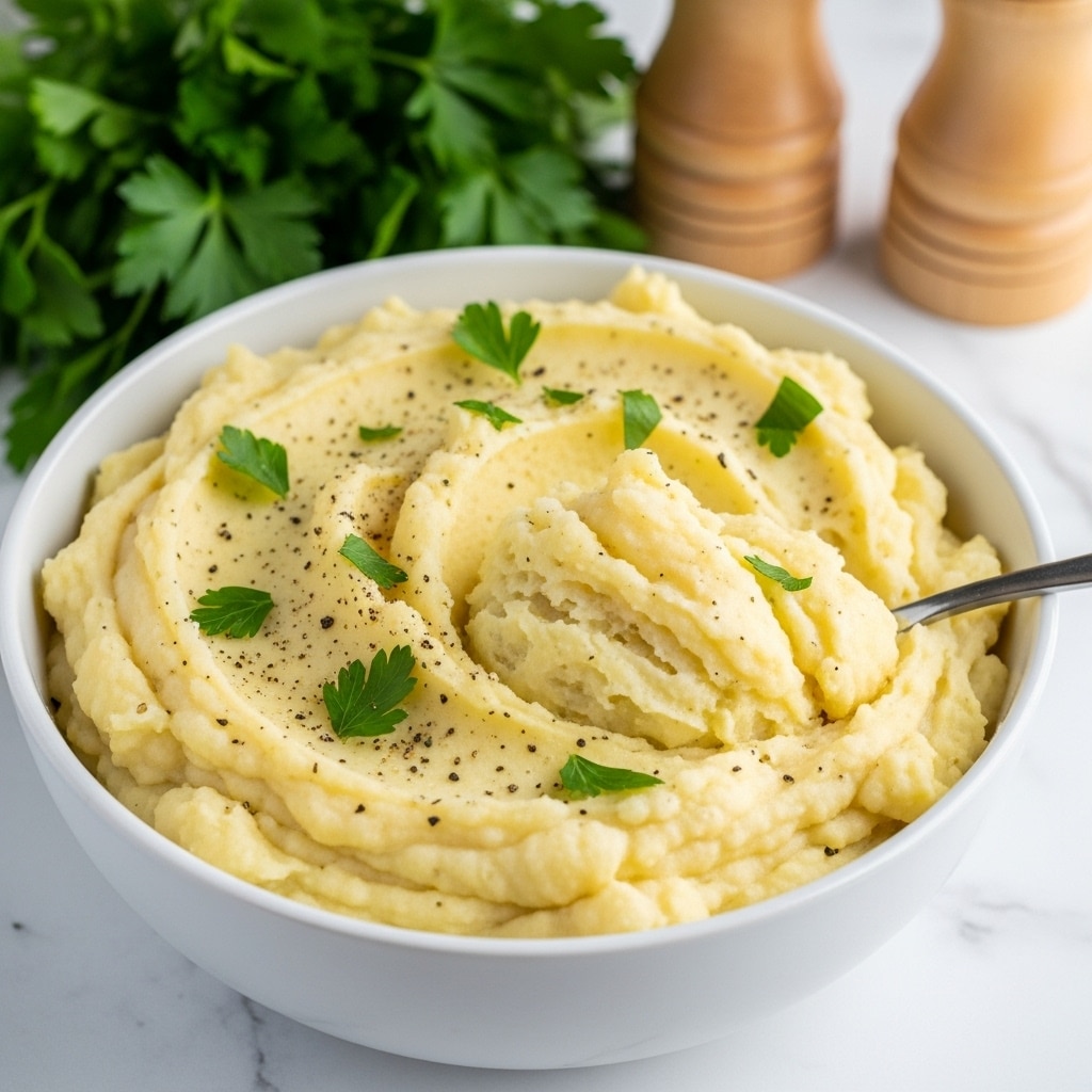A white bowl filled with creamy mashed potatoes, showing a smooth and slightly chunky texture. The mashed potatoes are light yellow with small bits of black pepper sprinkled on top, and fresh green parsley leaves scattered across the surface. A spoon is scooping a soft, fluffy portion from the bowl, with the spoon dipping into the potatoes. The background features a bunch of fresh green parsley and wooden pepper grinders, all set on a white marbled surface. photo taken with an iphone --ar 4:5 --v 7