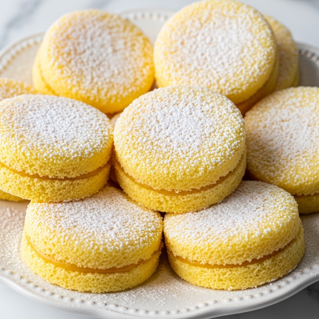 The image shows a close-up of soft, round, yellow sponge cakes stacked neatly on a white plate with a decorative edge. Each cake is about one layer thick with a smooth, slightly porous texture and is dusted generously with white powdered sugar on top, creating a light, powdery contrast against the yellow surface. The cakes are arranged in an overlapping way, filling the plate and showing their fluffy and airy quality. The background has a soft blur with a white marbled texture under the plate. photo taken with an iphone --ar 4:5 --v 7