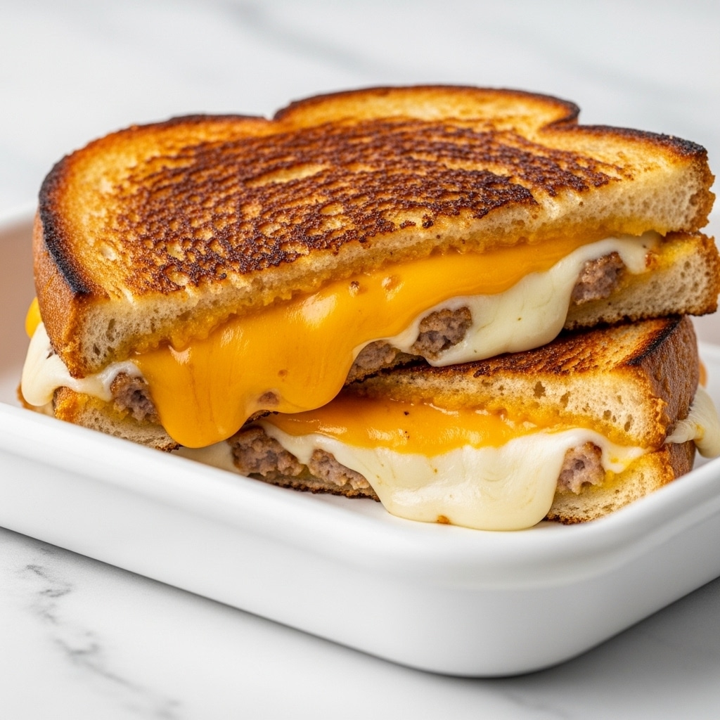 A close-up view of a grilled cheese sandwich cut in half inside a white tray. The sandwich has two slices of golden brown, crispy toasted bread with a slightly burnt texture on top. Inside, there are two thick layers of melted cheese, one bright orange and the other creamy white, oozing out from the sides. The melted cheese looks gooey and creamy, with some bits of what seems like cooked sausage mixed in. The background is a white marbled texture. photo taken with an iphone --ar 4:5 --v 7