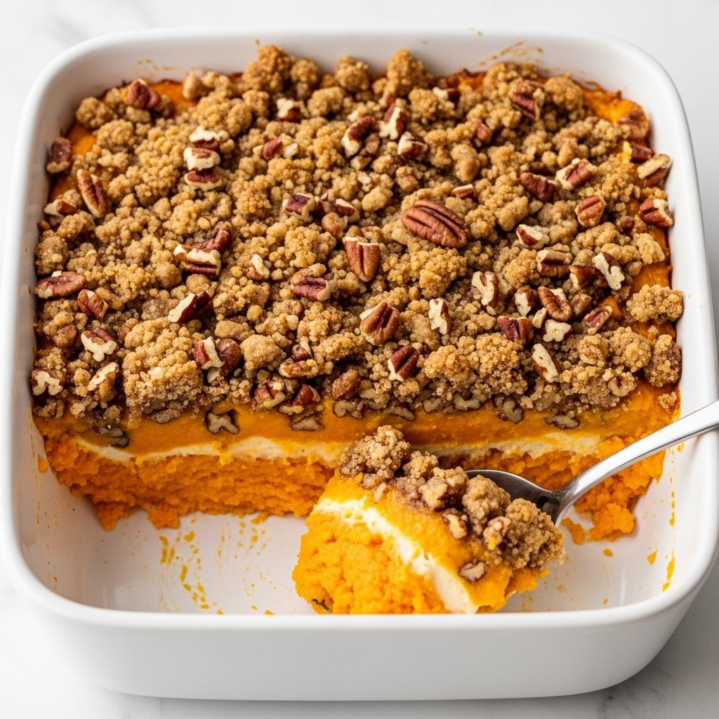 A white square baking dish holds a sweet potato casserole with three visible layers. The bottom layer is bright orange mashed sweet potatoes, smooth and creamy in texture. Above it is a thin, slightly darker orange layer mixed with small pecan chunks, adding a bit of texture. The top layer is a crumbly, golden brown streusel topping with larger pecan pieces scattered throughout, giving a crunchy look. A spoon inside the dish scoops a portion, revealing the layers clearly against the white marbled surface. photo taken with an iphone --ar 4:5 --v 7