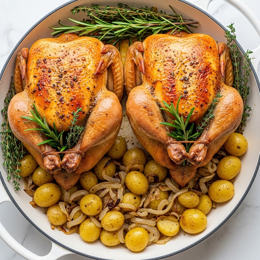 Two whole golden brown roasted chickens with crispy skin, each with visible small bits of seasoning on top, are placed in a white skillet. Below the chickens, there is a layer of small roasted yellow potatoes, slightly browned and mixed with caramelized onions. Around and on top of the chickens, there are sprigs of fresh green rosemary and thyme. The skillet rests on a white marbled surface. photo taken with an iphone --ar 4:5 --v 7