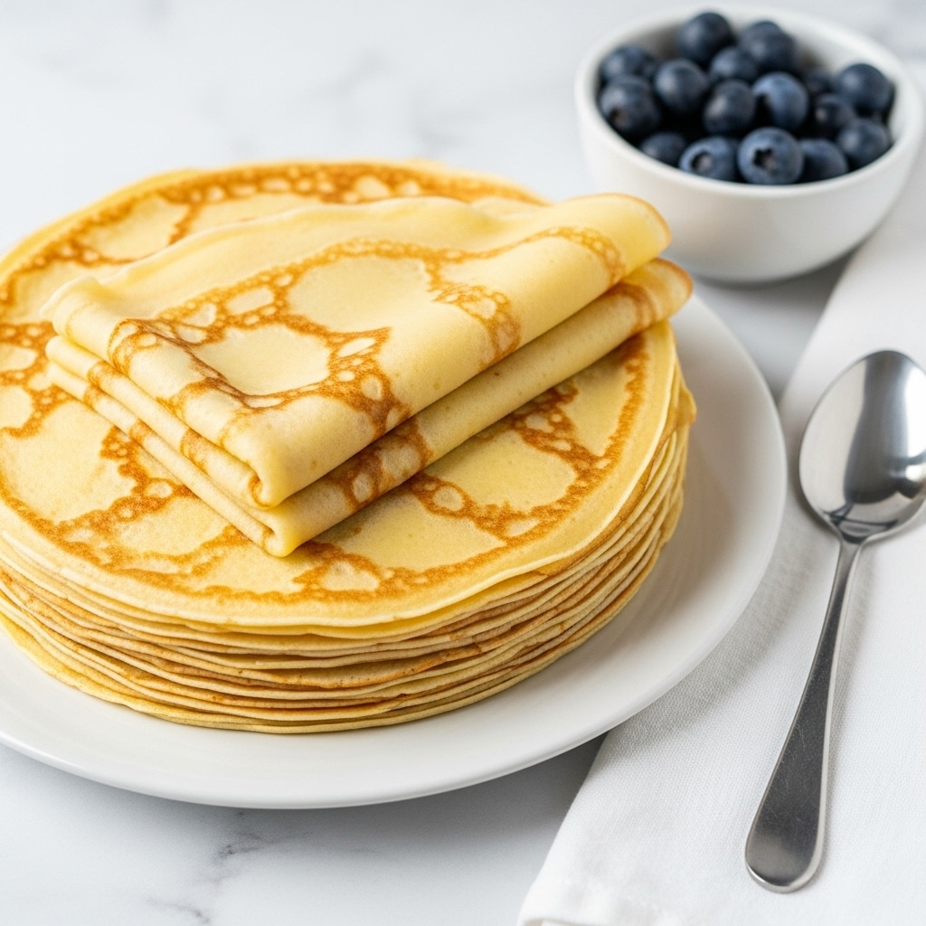 A white plate holds seven folded crepes arranged in a circle like a flower, each crepe light golden brown with a slightly textured surface, thin and soft in appearance. Around the plate, there are three white bowls filled with different fruits: one bowl with bright red diced strawberries, another with pure white whipped cream, and the last with dark blue blueberries. The whole setup sits on a white marbled surface. photo taken with an iphone --ar 4:5 --v 7