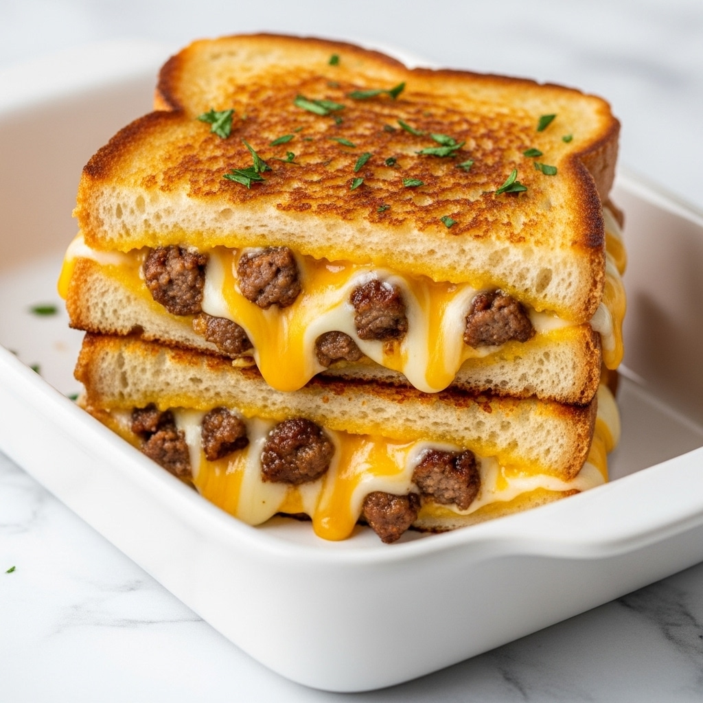 A close-up view of a grilled cheese sandwich cut into two thick squares, stacked inside a white rectangular dish on a white marbled surface. The sandwich shows three layers of toasted golden-brown bread with a slightly crispy texture on top. Between the bread layers, there is a rich filling of melted, gooey yellow and white cheese mixed with small chunks of browned meat, oozing out slightly from the sides. The top layer of the sandwich is sprinkled with small green herb pieces, adding a touch of color and freshness. Photo taken with an iphone --ar 4:5 --v 7