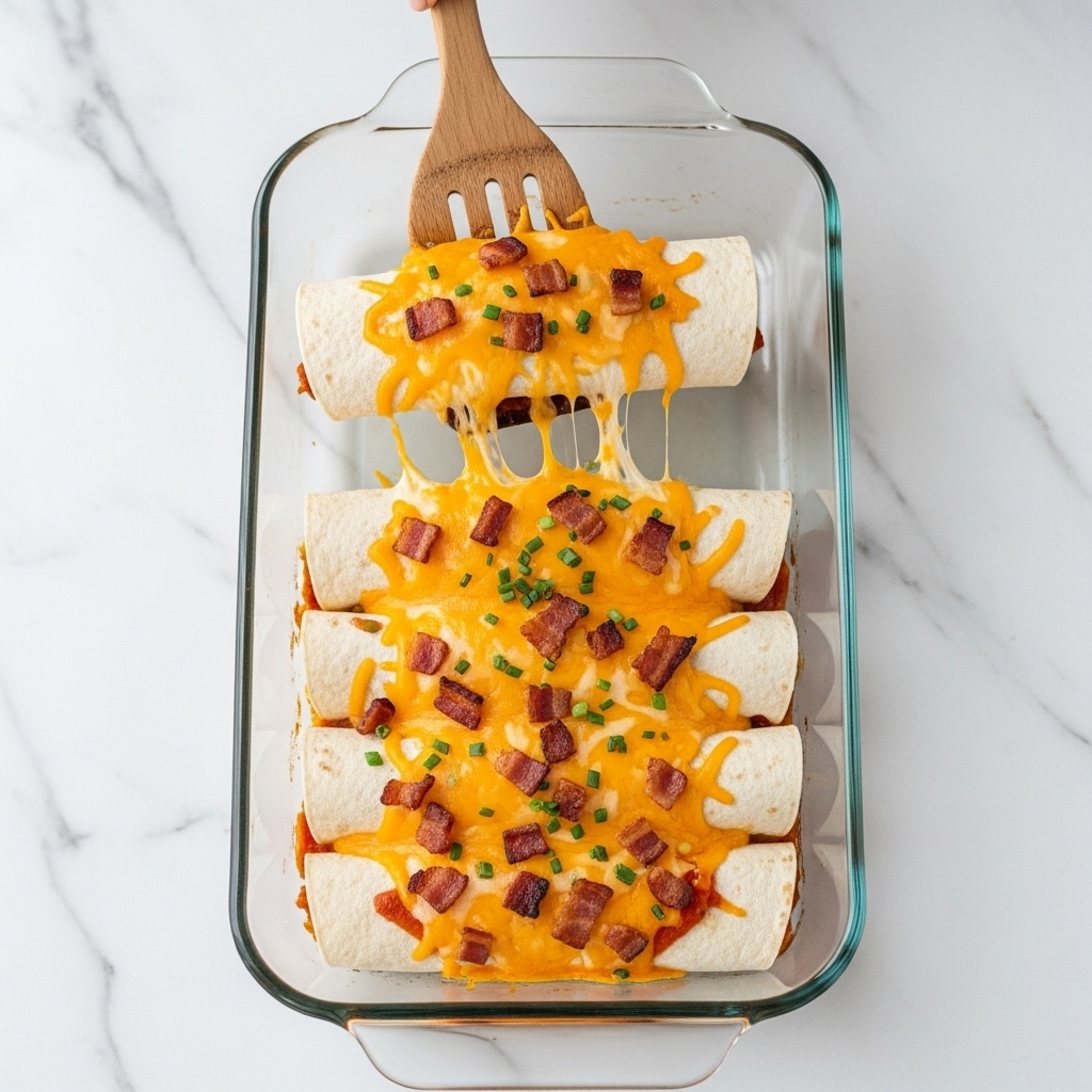 A clear glass baking dish filled with several rolled white tortillas lined up side by side, each topped with melted orange and yellow cheddar cheese, small pieces of crispy bacon, and green herb bits. The surface beneath the dish is white marble. A wooden spatula is lifting one of the cheesy tortillas from the dish, held by a woman's hand that is just glimpsed at the top. photo taken with an iphone --ar 4:5 --v 7