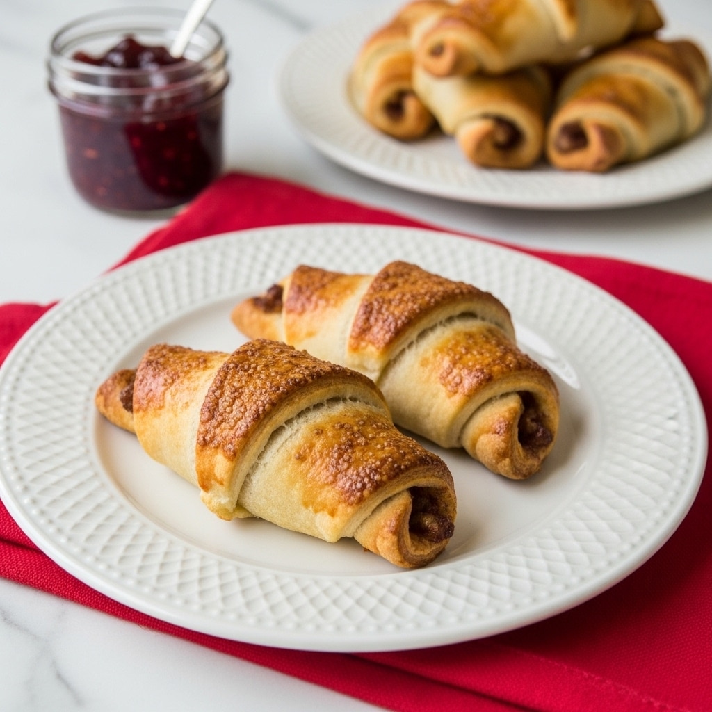 Two crescent-shaped pastries with a golden-brown, crispy outer layer lie side by side on a white plate with a textured rim. The pastries are slightly puffed, showing a flaky crust with hints of caramelized sugar or cinnamon. In the background, another white plate holds additional pastries, and a small glass jar filled with dark red jam is slightly blurred. The whole scene rests on a white marbled surface with a vibrant red cloth underneath. photo taken with an iphone --ar 4:5 --v 7