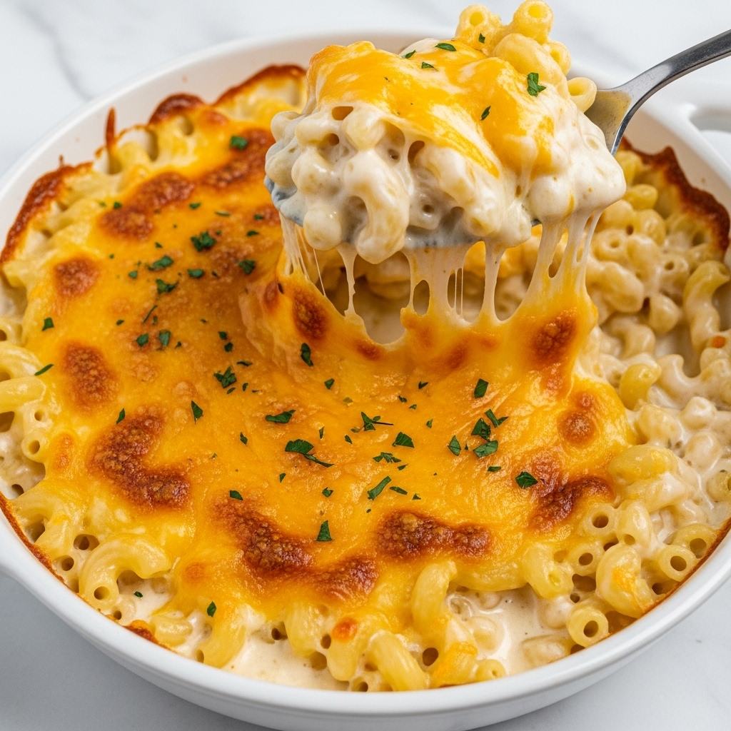 The image shows a close-up of a cheesy baked macaroni and cheese dish in a white ceramic baking dish. A woman's hand is lifting a generous scoop of the macaroni with a wooden spoon. The top layer is golden brown and bubbly with melted cheese, while underneath there are creamy, gooey layers of pasta coated in thick, smooth cheese sauce. The background features a white marbled surface, giving a clean and bright look. photo taken with an iphone --ar 4:5 --v 7