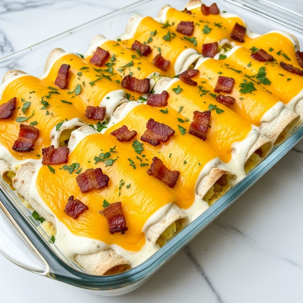 A close-up view of a layered baked dish in a clear glass rectangular dish placed on a white marbled surface, showing rows of rolled tortillas filled and covered with a creamy white sauce, topped evenly with melted bright yellow cheddar cheese, small pieces of crispy bacon scattered all over, and bits of fresh green herbs sprinkled lightly on top; the cheese looks smooth and gooey while the tortillas beneath have a soft texture. photo taken with an iphone --ar 4:5 --v 7