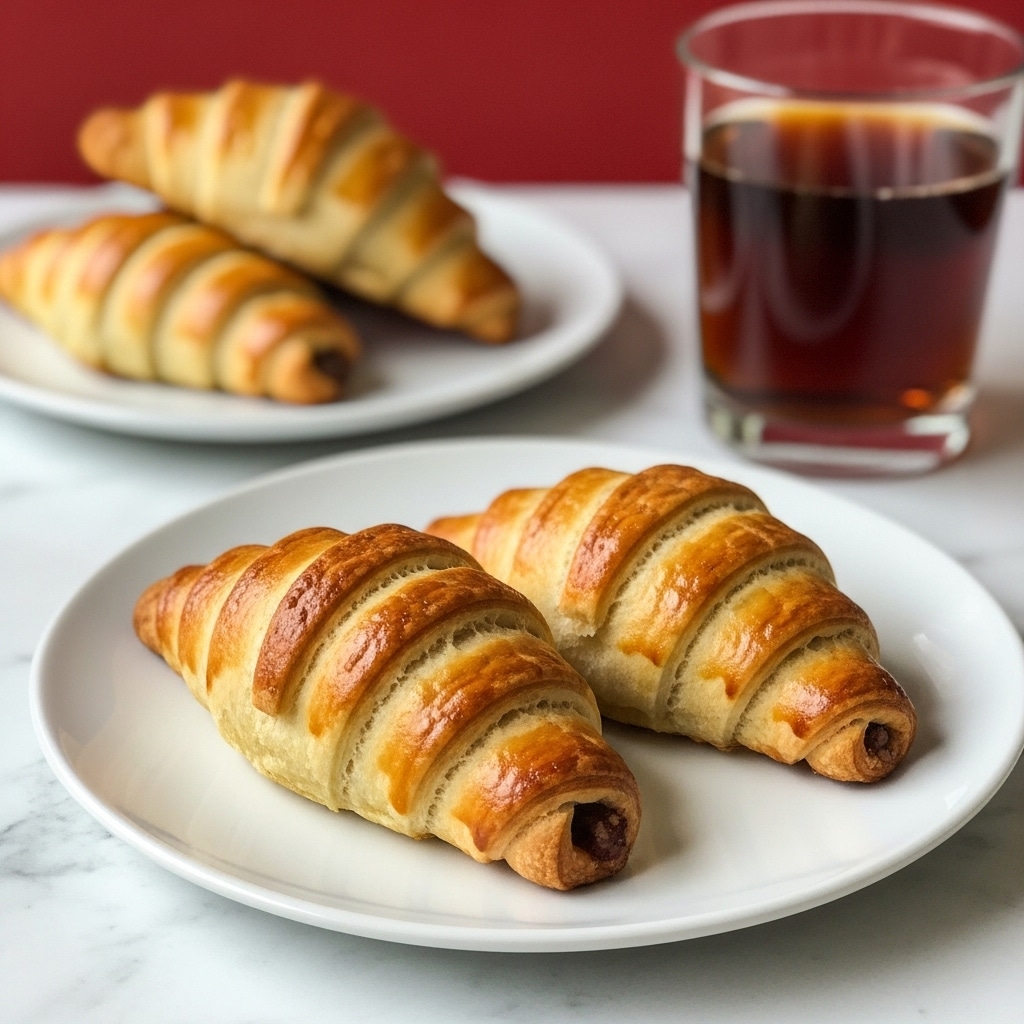 The image shows two golden brown, crescent-shaped pastries with a textured, flaky crust on a white plate. The pastries are slightly shiny, indicating they are freshly baked, and are placed side by side near the center of the plate. In the blurred background, there is another white plate with two more similar pastries and a clear glass filled with a dark beverage. The entire scene is set on a white marbled surface with a hint of red color behind the items, giving a warm and cozy feeling. photo taken with an iphone --ar 4:5 --v 7
