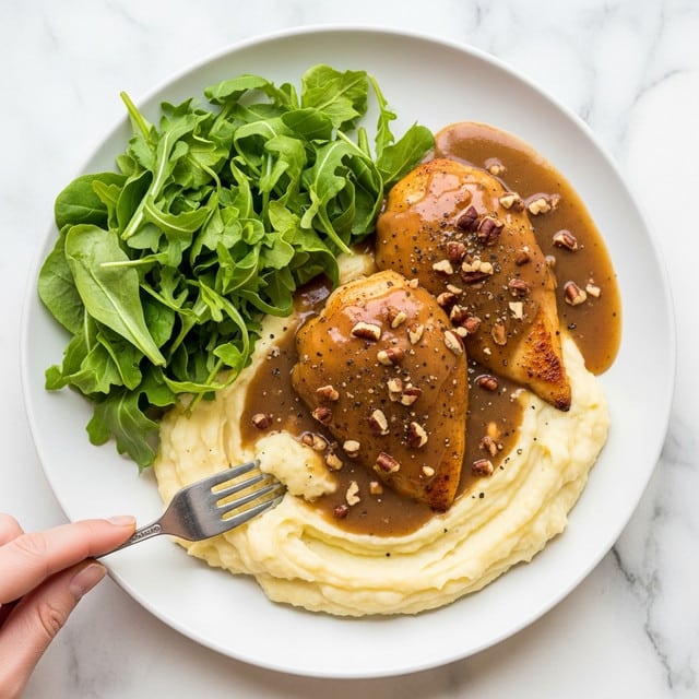 The image shows a white plate with three main layers of food. The bottom layer is creamy mashed potatoes, pale yellow in color with a soft, fluffy texture. On top of the mashed potatoes are two pieces of golden brown chicken covered in a thick, shiny brown gravy that has visible black pepper specks and small chunks of nuts scattered across the surface. To the left of the chicken, there is a portion of fresh green leafy salad, adding a vibrant contrast to the overall dish. A woman's hand is holding a silver fork near the edge of the plate, gently pressing into the mashed potatoes. The background features a white marbled texture. photo taken with an iphone --ar 4:5 --v 7