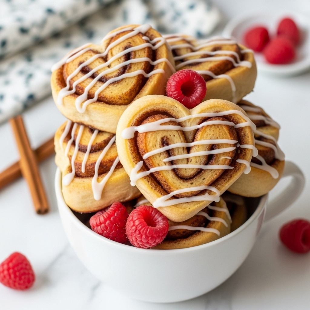 The image shows a white cup filled with several heart-shaped cinnamon rolls stacked closely together. The rolls have a golden-brown color with a light drizzle of white icing on top, and a few fresh red raspberries are placed among the rolls, adding a pop of bright color. The cup is placed on a white marbled surface, with two cinnamon sticks and a patterned cloth visible in the blurred background. The lighting highlights the soft texture of the rolls and the fresh look of the raspberries. Photo taken with an iphone --ar 4:5 --v 7