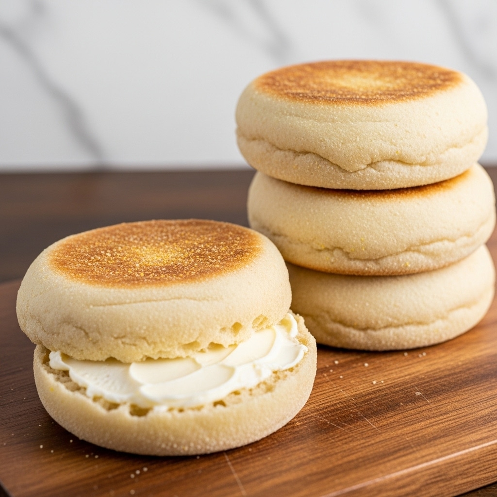 A stack of three golden-brown English muffins with a soft, slightly rough texture is shown on a wooden cutting board. In front of the stack, one muffin is cut in half, revealing its fluffy, light cream inside, spread with a smooth layer of white butter. The muffins have a lightly toasted top with a warm, golden color, and the cutting board rests on a dark wooden surface. The background is softly blurred with a white marbled texture. photo taken with an iphone --ar 4:5 --v 7