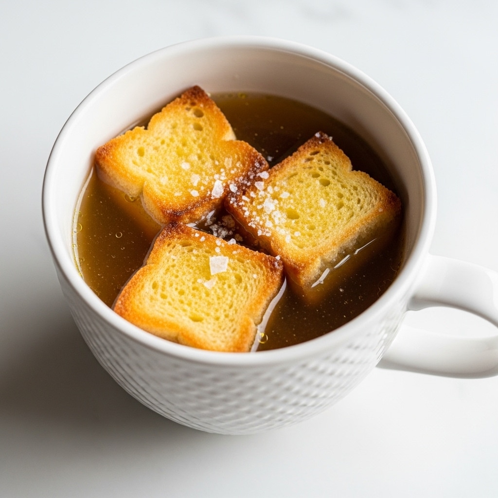 A white textured mug filled with a warm golden broth, topped with three thick, toasted bread cubes that are golden brown and crisp on the outside with a soft, light yellow inside. The bread cubes float slightly above the liquid, sprinkled with coarse white salt, creating an inviting contrast. The image is set on a white marbled surface, highlighting the mug and its contents with soft natural light. photo taken with an iphone --ar 4:5 --v 7