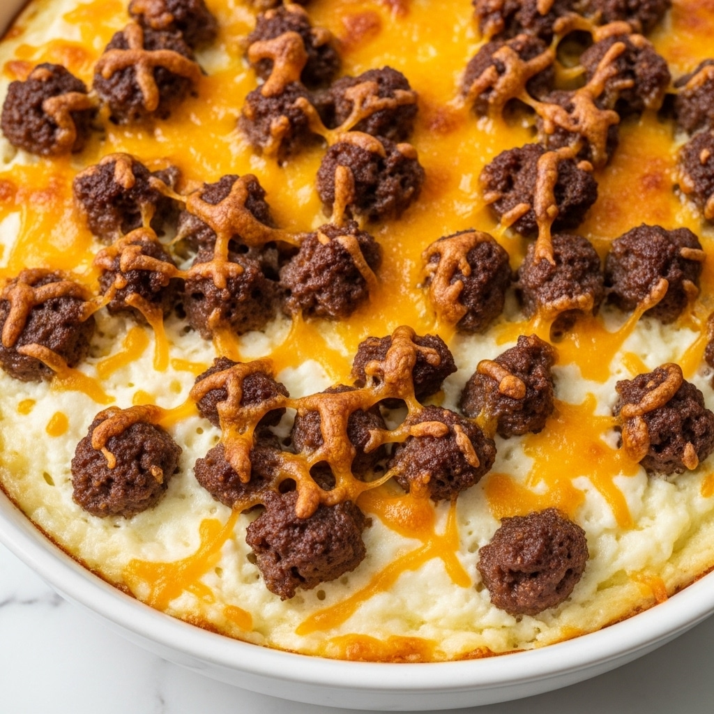 A white casserole dish holds a creamy baked dip with three visible layers: the bottom layer is a thick, pale creamy mixture with bits of sausage or ground meat, the middle layer is melted yellow and white cheese with a bubbly, golden-brown crust, and the top layer is scattered with crispy, dark brown bacon pieces and sprinkled with fresh green herbs. The dip appears rich and gooey, with a section scooped out revealing the soft inside. The dish sits on a white marbled surface with some blurred round crackers in the background, and a woman's hand is reaching in from the side. photo taken with an iphone --ar 4:5 --v 7